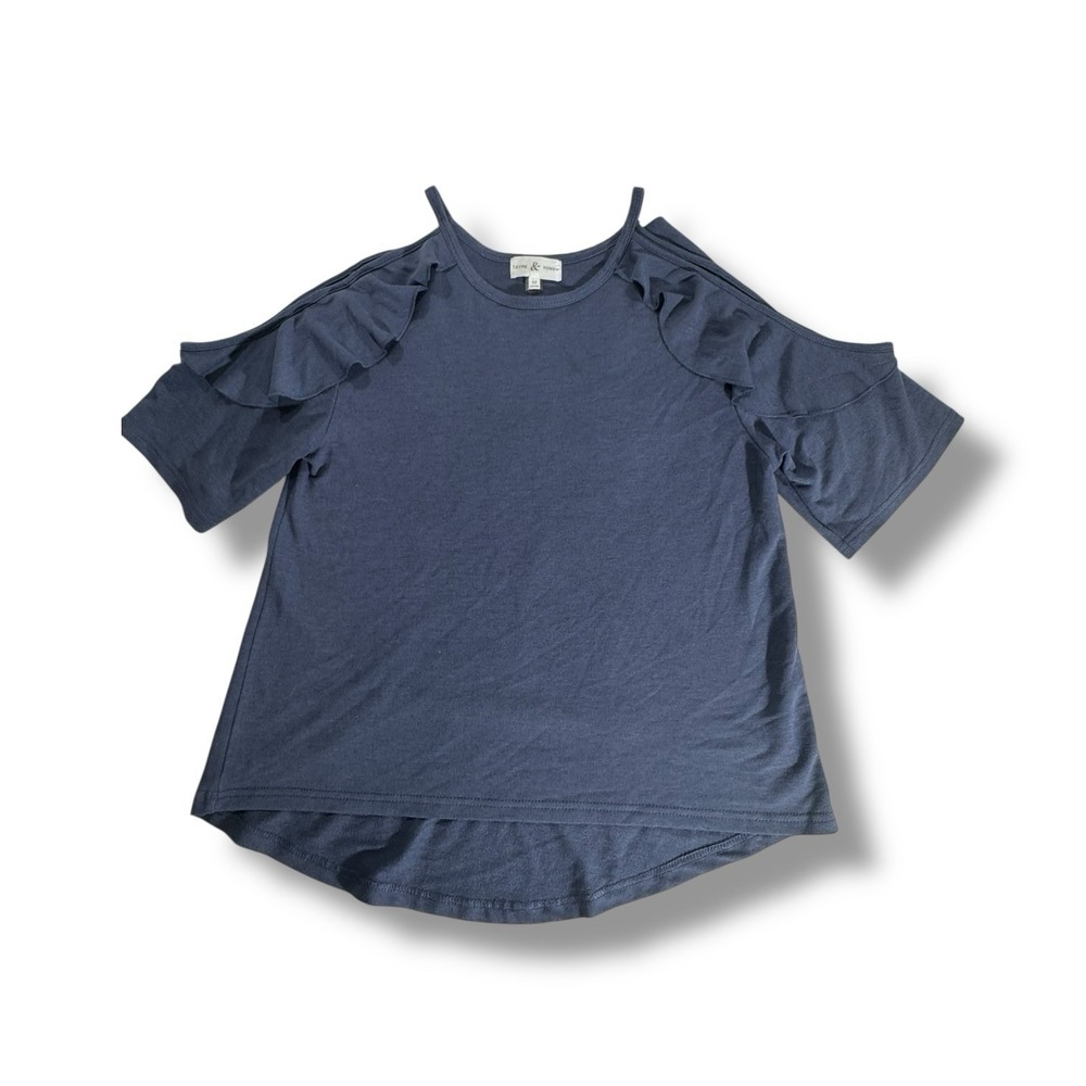 Thyme & Honey Womens Navy Blue Peekaboo Shoulder Ruffled Short Sleeve Blouse MED